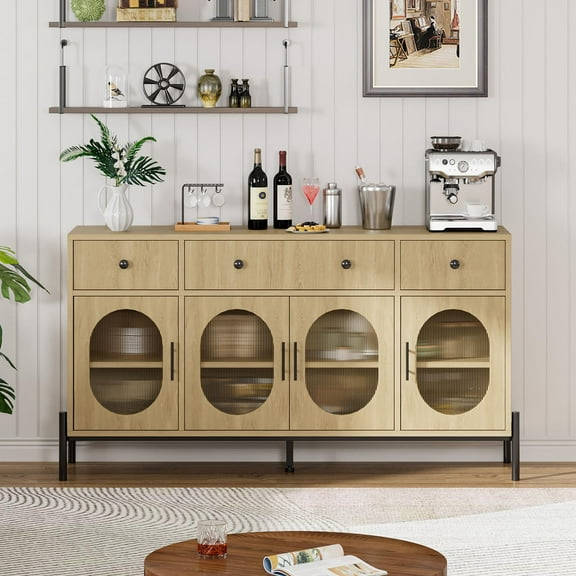 Danolapsi 62inch Buffet Cabinet with Storage,Large Sideboard Buffet Cabinet, Wooden Buffet Cabinet with 3 Drawers and 4 Fluted Glass Doors, Coffee Bar Cabinet Buffet Table for Dinning Room,Kitchen
