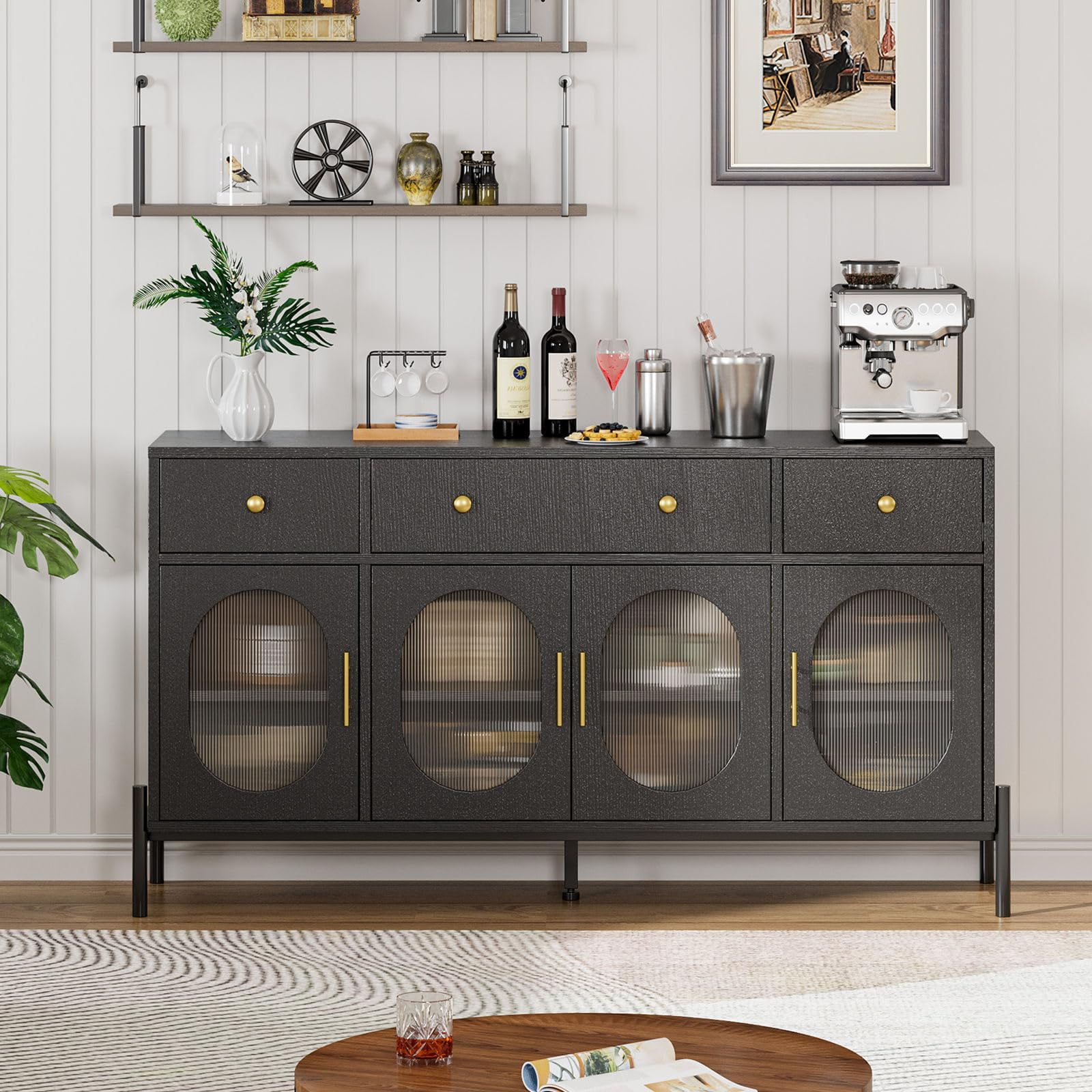 Black Iron and Engineered Wood Buffet Cabinet with Fluted Glass Doors