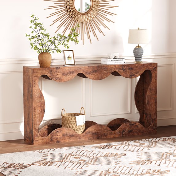 Danolapsi 63 Inch Console Table for Entryway, Slim Wood Scalloped Sofa Table Behind Couch with Storage Shelf, Farmhouse Hallway Furniture for Entrance, Living Room, Aprtment