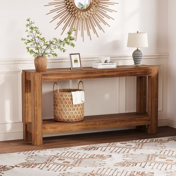 Danolapsi 63 Inch Long Sofa Table Behind Couch, Narrow Console Table for Entryway with 2-Tier Storage, 31.9" Tall Slim Hallway Table for Living Room, Farmhouse Wooden Entry Table