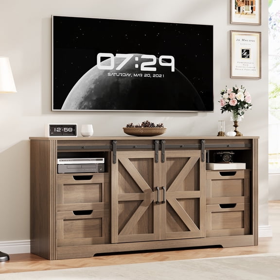 Danolapsi 66" Farmhouse TV Stand for Up to 70 Inch TV, 32" Tall Entertainment Center with 4 Drawers & 2 Sliding Barn Doors, Wood TV Stand with Adjustable Shelf, TV Media Console for Living Room