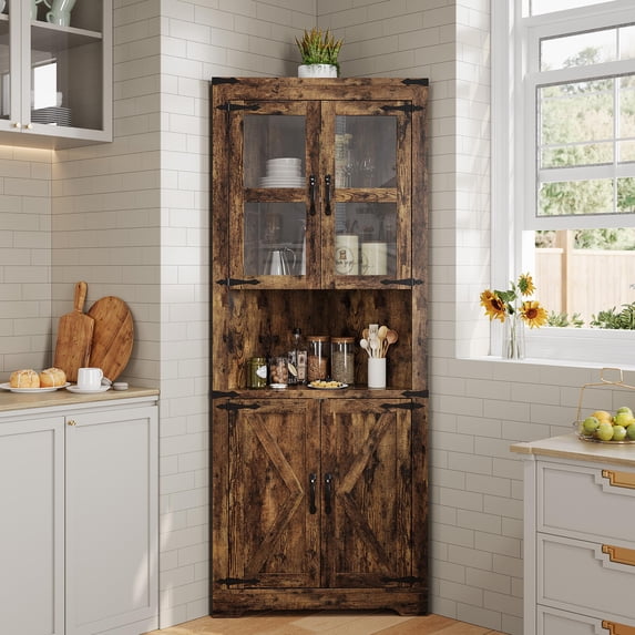 Danolapsi 67" Tall Corner Storage Cabinet with Lights, Farmhouse Corner Hutch Display Cabinet with Glass Doors, Wooden Storage Organizer for Kitchen, Living Room, Bathroom