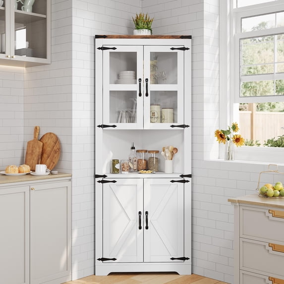 Danolapsi 67" Tall Corner Storage Cabinet with Lights, Farmhouse Corner Hutch Display Cabinet with Glass Doors, Wooden Storage Organizer for Kitchen, Living Room, Bathroom