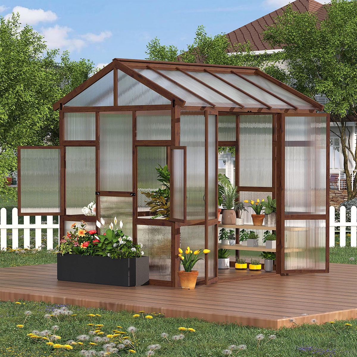 Danolapsi 6x8 FT Wooden Greenhouse for Outdoor,Heavy Duty Walk-in Green House Kit with 6mm Polycarbonate,Ventilated Window & Lockable Door for Backyard, Patio,Lawn（ship in 3 boxes）