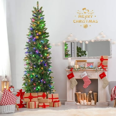 Danolapsi 7.5 Ft Pencil Prelit Christmas Tree,Pre-Lit Slim Artificial Holiday Decoration,Xmas Tree with 200 Dual Color Led Lights,Metal Base,Tall Skinny Green Artificial Christmas Tree for Home Party