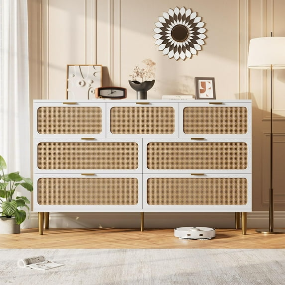 Danolapsi 7 Drawer Dressers for Bedroom,Rattan Dresser with Deep Drawers, Large Chest of Drawers for Closet with Wide Top, Long Wooden Dresser for Living Room, Hallway