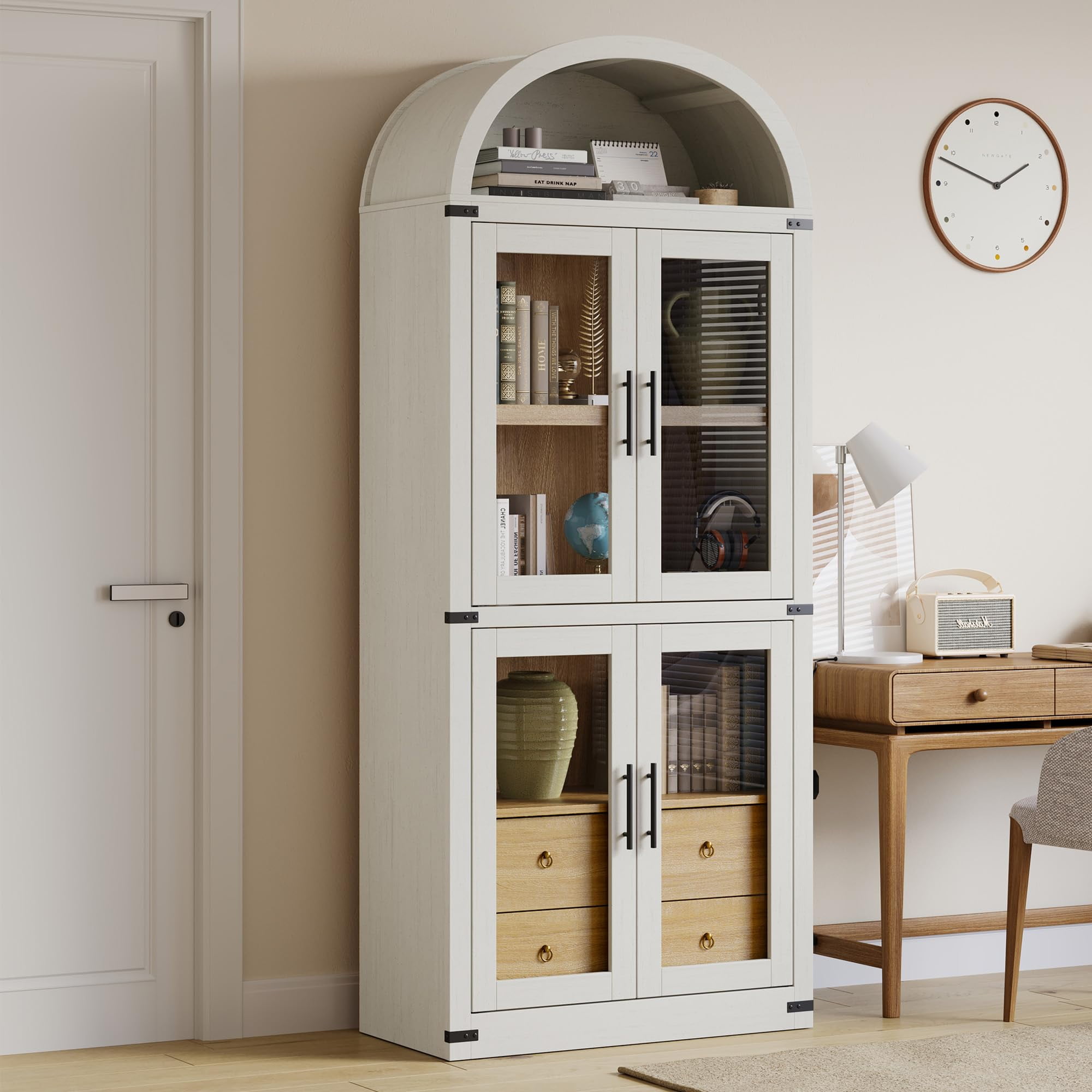 Danolapsi 71.4in Tall Arched Pantry Cabinet,Wood Bookcase with 2 Drawers,Kitchen Pantry Cabinet with Glass Door,Modern Farmhouse Display Cabinet Kitchen Cupboard for Kitchen,Dining Room,Bathroom