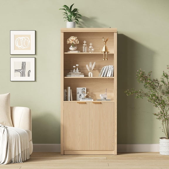 Danolapsi 71"Bookshelf with Fluted Doors, 5 Tier Bookcase Display Shelves with Storage Cabinet & Adjustable Shelf, Mid-Century Modern Bookshelves for Home Office, Living Room