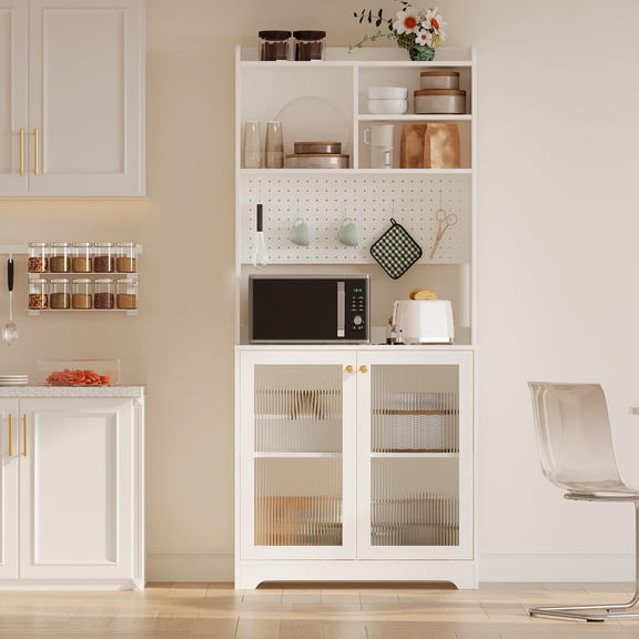 Danolapsi 71" Pantry Cabinet,6-Tier Freestanding Tall Cupboard Storage Unit with Pegboard,2 Cabinets,Open Shelves,Glass Doors,Farmhouse Kitchen Pantry Cabinet Coffee Bar Storage Organizer for Kitchen