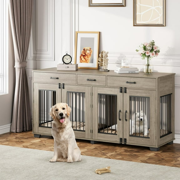 Danolapsi 71 inches Large Dog Crate Furniture for 2 Dogs Indoor Wooden Dog Kennel Furniture,Double Dog Crate Large Breed with Door,TV Stand End Table with Divider for Large Medium Dogs