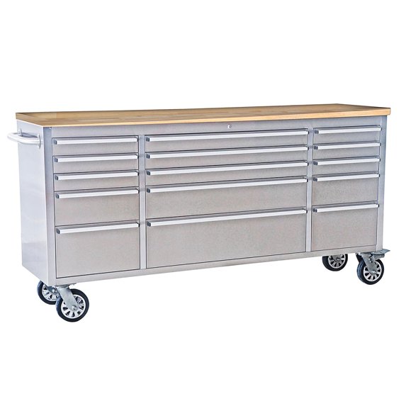 Danolapsi 72" Rolling Tool Chest with 15 Drawers,Heavy-Duty Steel & Rubber Wood Workbench on Wheels, Garage Workbench with Key Locking System, Drawer Liners for Warehouse Repair Shop