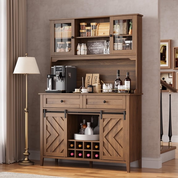 Danolapsi 72" Sliding Barn Door High Bar Cabinet Farmhouse,Large Kitchen Buffet with Hutch Wine Storage,Charging Station,2 Drawers,8 Storage Shelves,LED Rustic Coffee Bar for Dining(ship in 2 boxes)