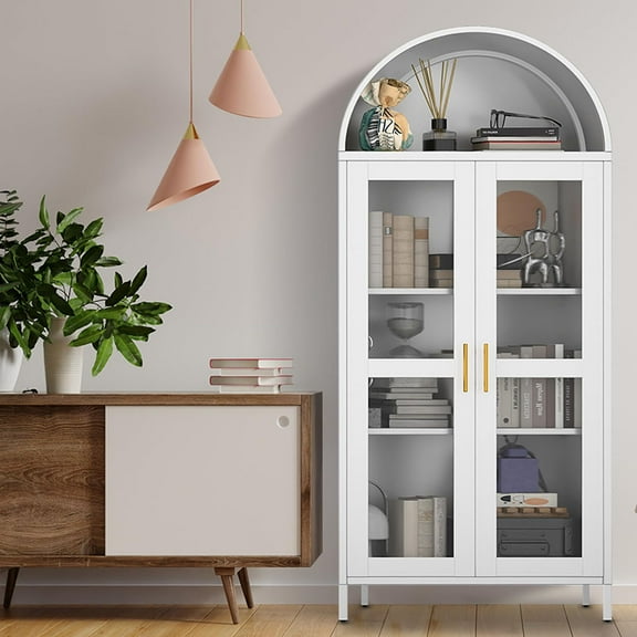 Danolapsi 73" Tall Arched Pantry Cabinet,Versatile Cupboard with Glass Door, 2 Adjustable Shelves & Drawers,Modern Farmhouse Arched Bookcase,Freestanding Display Cabinet for Living/Dinning Room