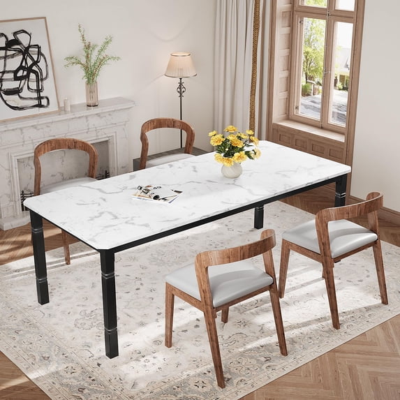 Danolapsi 78.7"Farmhouse Dining Table for 6-8 People,Rustic Industrial Kitchen Table with Sturdy Metal Frame & Chamfered Corners for Dining Room,Breakfast Nook,Small Space,Sintered Stone,Table only