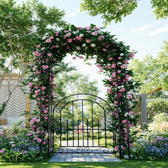 Danolapsi 7FT Elegant Garden Arch with Gate,Reinforced Steel Wedding Arbor for Climbing Roses, Vines & Flowers, Decorative Metal Archway for Lawn, Patio or Backyard, Rust-Resistant