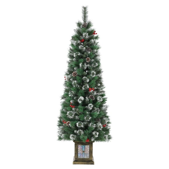 Danolapsi 7FT Potted Christmas Tree with 140 Warm Led Lights,Pre-Lit  Potted Pencil Artificial Christmas Tree Outdoor Decor,Light Box Pencil Tree Sticky Chalk Tree Body,for Front Door,Porch,1 Pack