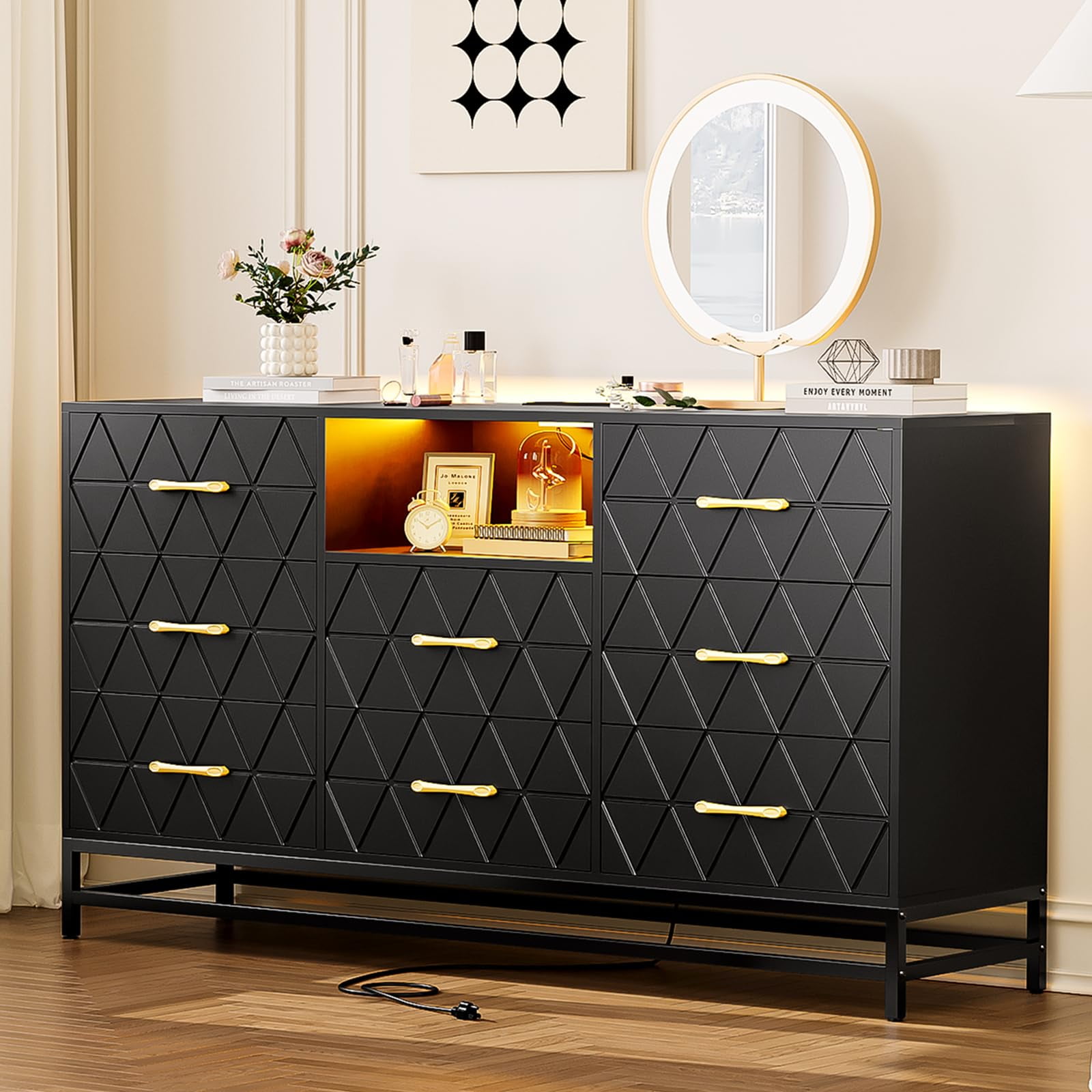 Black MDF 59" Dresser with Gold Handles and LED Lights