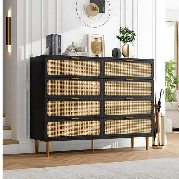 Danolapsi 8 Drawer Dressers for Bedroom, Rattan Dresser with Deep Drawers, Large Chest of Drawers for Closet with Wide Top, Long Wooden Dresser for Living Room, Hallway