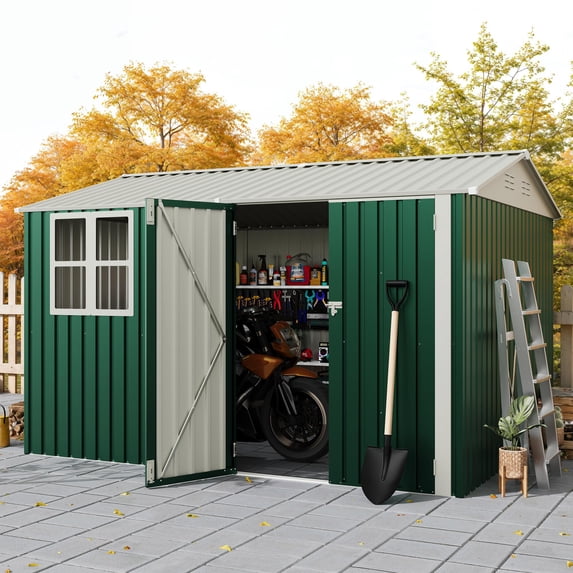 Danolapsi 8X10 FT Storage Shed with Cross Windows & Double Doors, 450 Cu Ft Large Outdoor Tool Shed, Garden Shed for Riding Mower, Bike, Lawn Equipment(ship in 2 boxes),Floor not included
