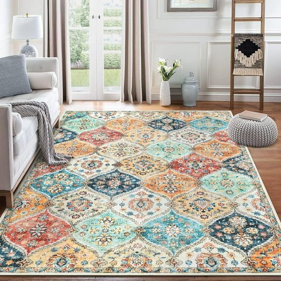 Danolapsi 8x10 Area Rug Modern Trellis Machine Washable Area Rug Vintage Medallion Distressed Indoor Accent Rug Stain Resistant Non-Slip Floor Cover Carpet Rug for Living Room Bedroom