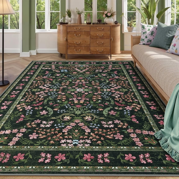 Danolapsi 8x10 Boho Floral Soft Rugs for Living Room, Washable Area Rug,Non Slip Low Pile Carpet for Bedroom, Dining Room, Nursery, Hallway