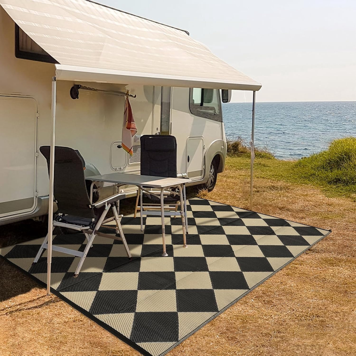 Danolapsi 8x10 Outdoor Rug Waterproof Reversible Outdoor Plastic Straw Rug with 4 Stakes & Portable Bag Boho Patio Rugs Carpet RV Mat Easy to Clean Checkered Floor Carpet for Patio Camp Balcony Deck