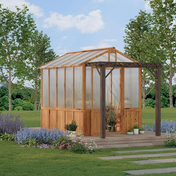 Danolapsi 8x13FT Greenhouse Kit with Pergola, Wooden Greenhouse with Cedar Frame, Outdoor Wood Greenhouses with Roof Vent, Wood and Polycarbonate Walk-in Greenhouses（ship in 5 boxes）
