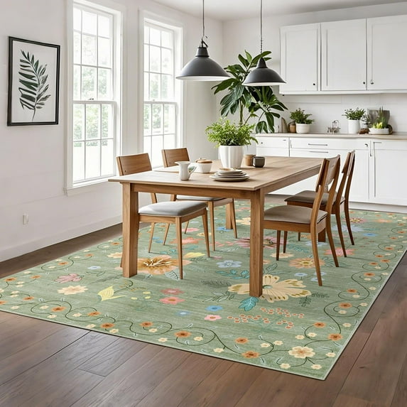 Danolapsi Area Rug Boho Floral Rugs, Large Area Rug Machine Washable Rugs Ultra-Thin Flower Carpet Non Slip Low Pile Carpet Rug for Living Room Bedroom Nursery