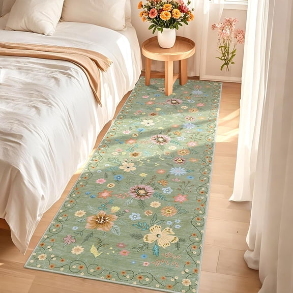 Danolapsi Area Rug Boho Floral Rugs, Large Area Rug Machine Washable Rugs Ultra-Thin Flower Carpet Non Slip Low Pile Carpet Rug for Living Room Bedroom Nursery