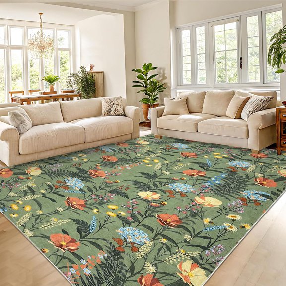 Danolapsi Area Rugs,Flower Print Dining Room Rugs, Non-Shedding Modern Accent Carpet, Foldable Low Pile Indoor Floor Mat, Easy Cleaning, for Living Room, Bedroom, Office