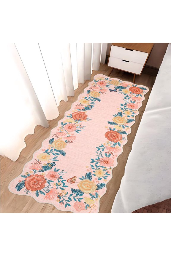 Area Rugs for Living Room,Non Slip Washable Rug Soft Floral Irregular Floor Cover Indoor Low Pile Scalloped Area Rug Foldable Thin Rugs for Bedroom Dining Room Nursery Home Office