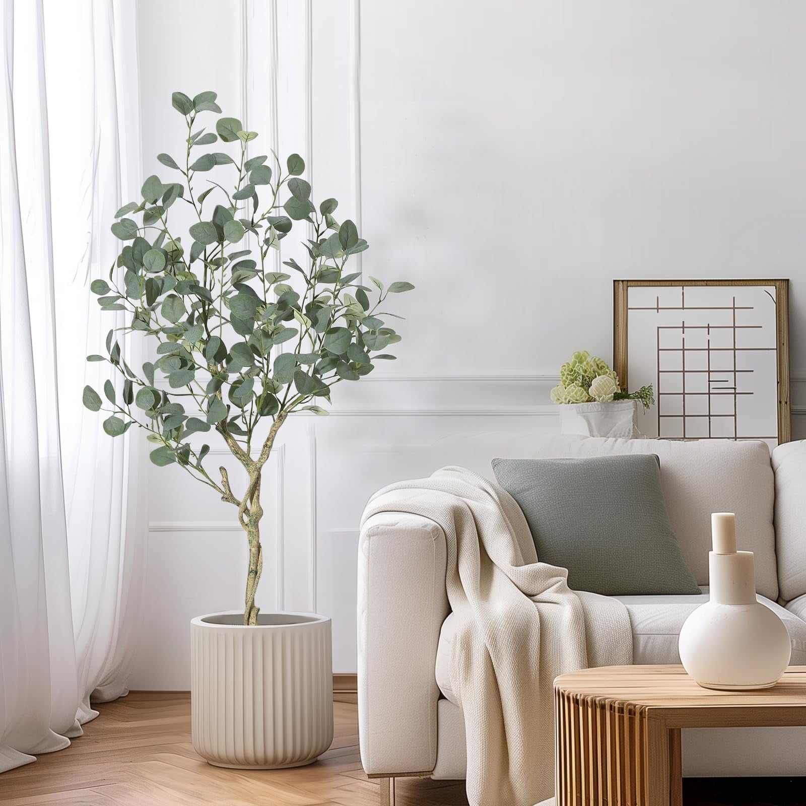 Danolapsi Artificial Tree Plant Eucalyptus Tree 4/5/6FT Tall, Modern Large Fake Plant Decor in Pot for Indoor Outdoor,Home Office Ideal Housewares Gift Decoration, Eucalyptus Tree