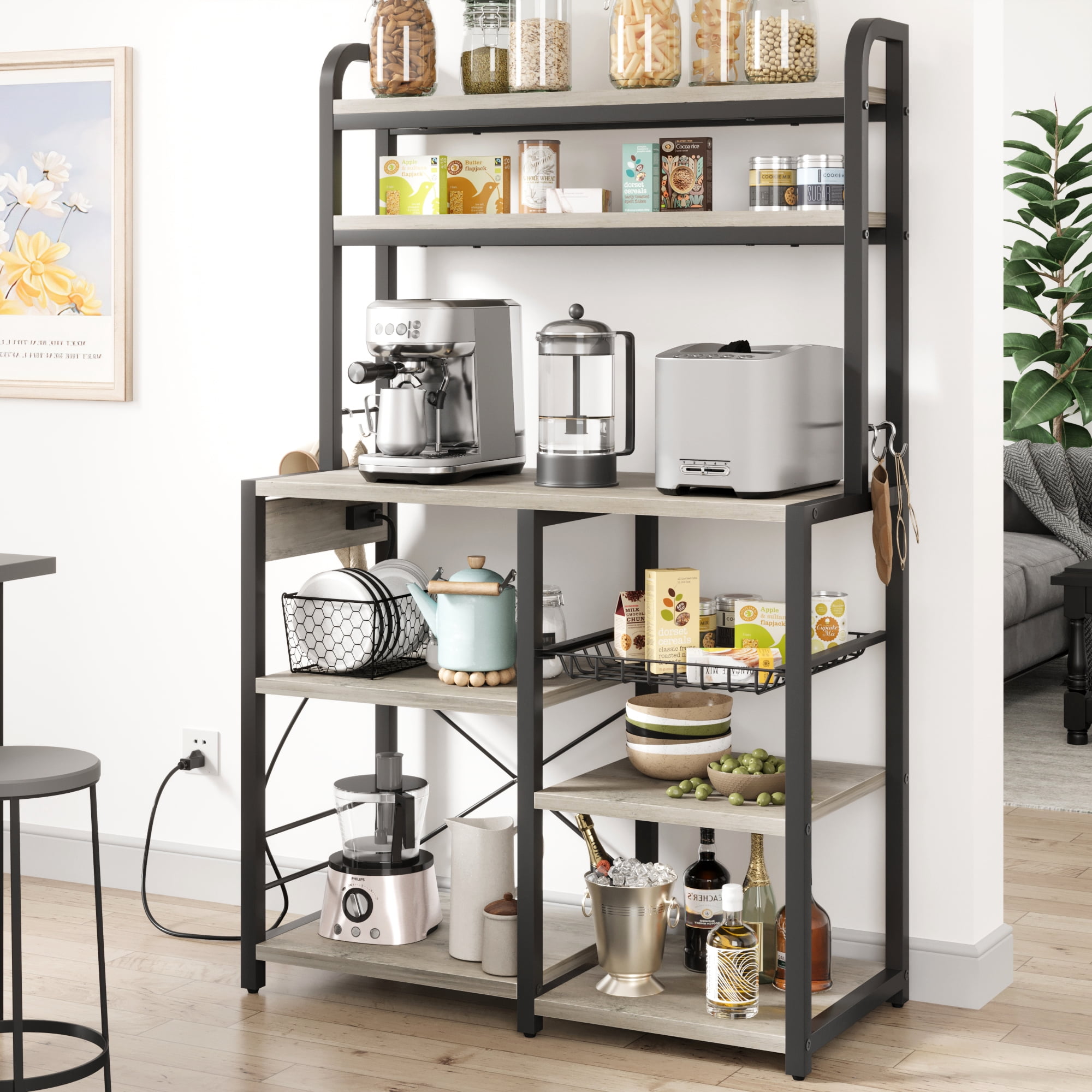 Danolapsi Bakers Rack with Power Outlet,Coffee Bar Cabinet with Wire ...