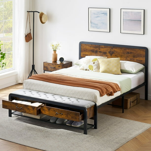 GARVEE Queen Size Platform Bed Frame with Upholstered Ottoman 2 Storage Drawers and Headboard Safe Rounded Corners Strong Metal Slats Support