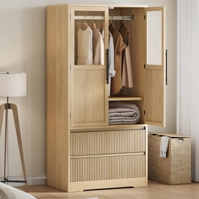 OxyLife Armoire Wardrobe Closet with 4 Doors & 2 Hanging Rods, Wooden ...