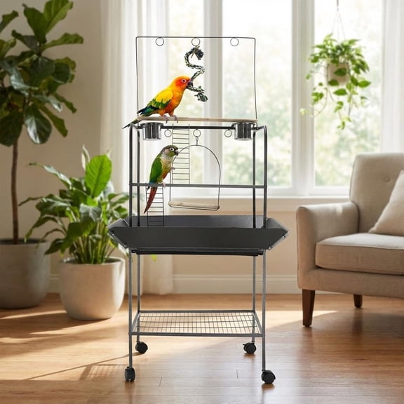 Danolapsi Bird Playstand, 62 Inch Height Birdcage Stand Activity Play Center w/Perches and Ladders, Indoor Outdoor Playground for Parakeet, Cockatiels Conures Macaw 64 Inches Black Hammertone Finish