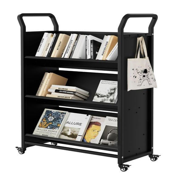 Danolapsi Book Cart, V-Shaped Metal Rolling Cart with 4 Lockable Wheels & Side Hooks, 3-Tier Storage Bookshelf for Home Library School Office Study