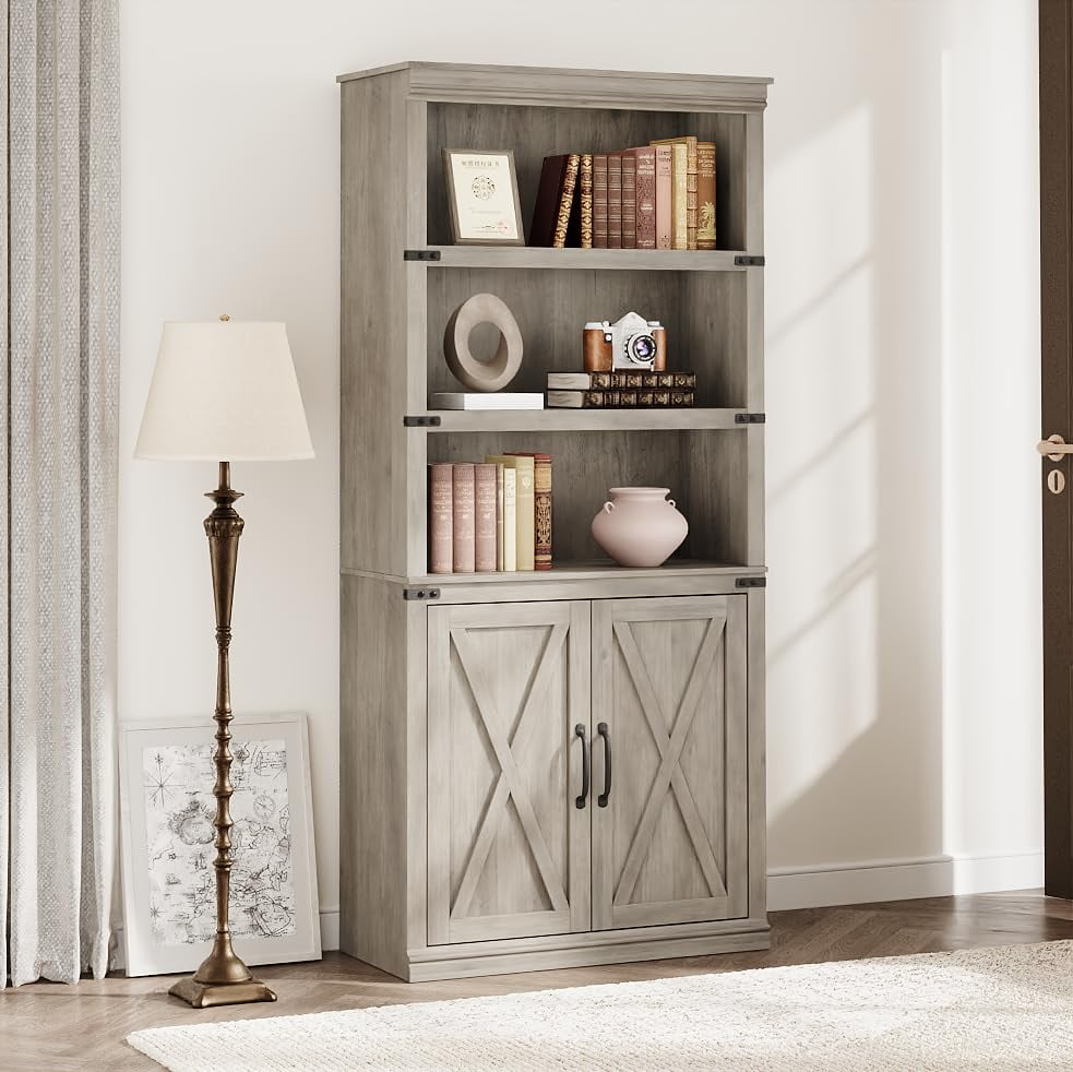 Gray Farmhouse Wooden Bookcase with Adjustable Shelves and Doors