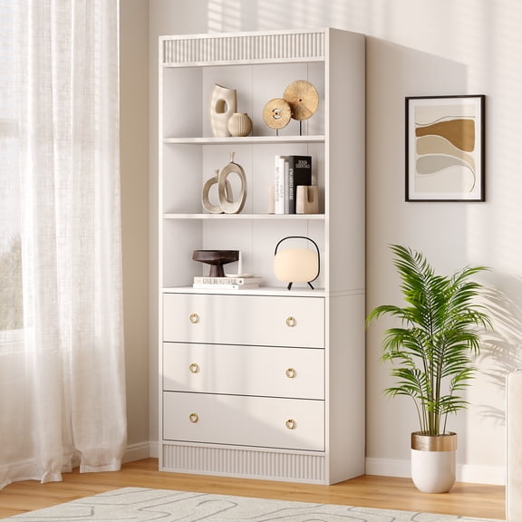 Danolapsi Bookshelf with Drawers,70.8" Fluted Bookcase,Bookshelf 6 Tier Bookcase with Storage, Tall Book Shelf with Waved Design, Storage Cabinet with Open Shelf for Living Room Office