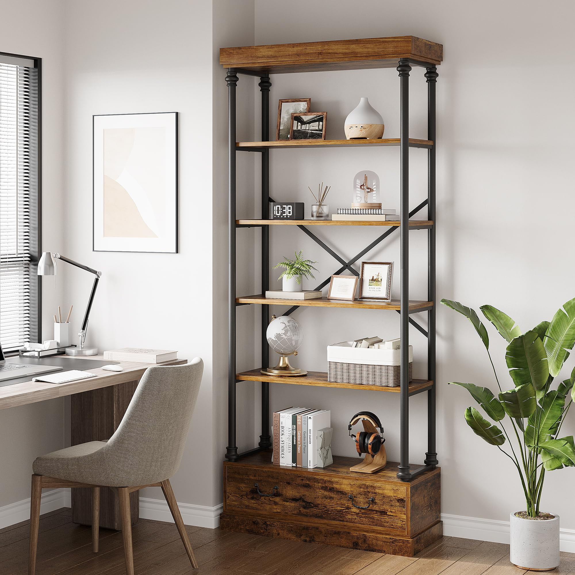Danolapsi Bookshelf with Drawers,Tall Bookshelf,Modern Free-Standing