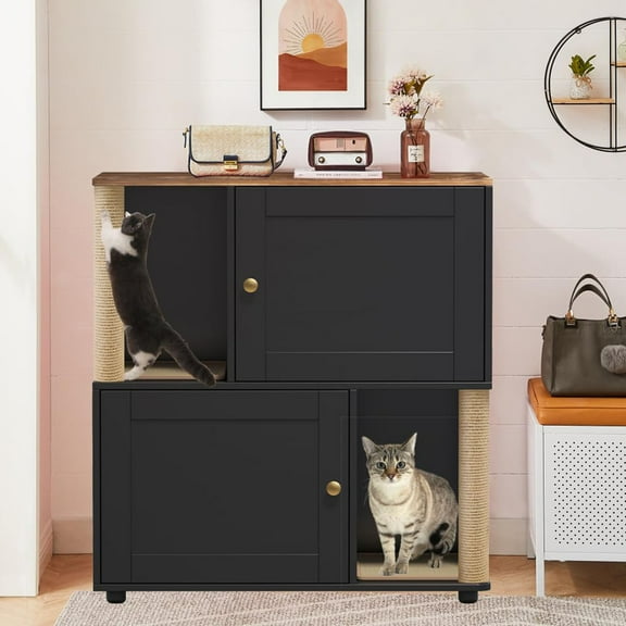 Danolapsi Cat Litter Box Enclosure for 2 Cats, Litter Box Enclosure with Double Room, Hidden Enclosed Cat Litter Box Furniture with Scratch Posts and Double-Layer Litter Mats