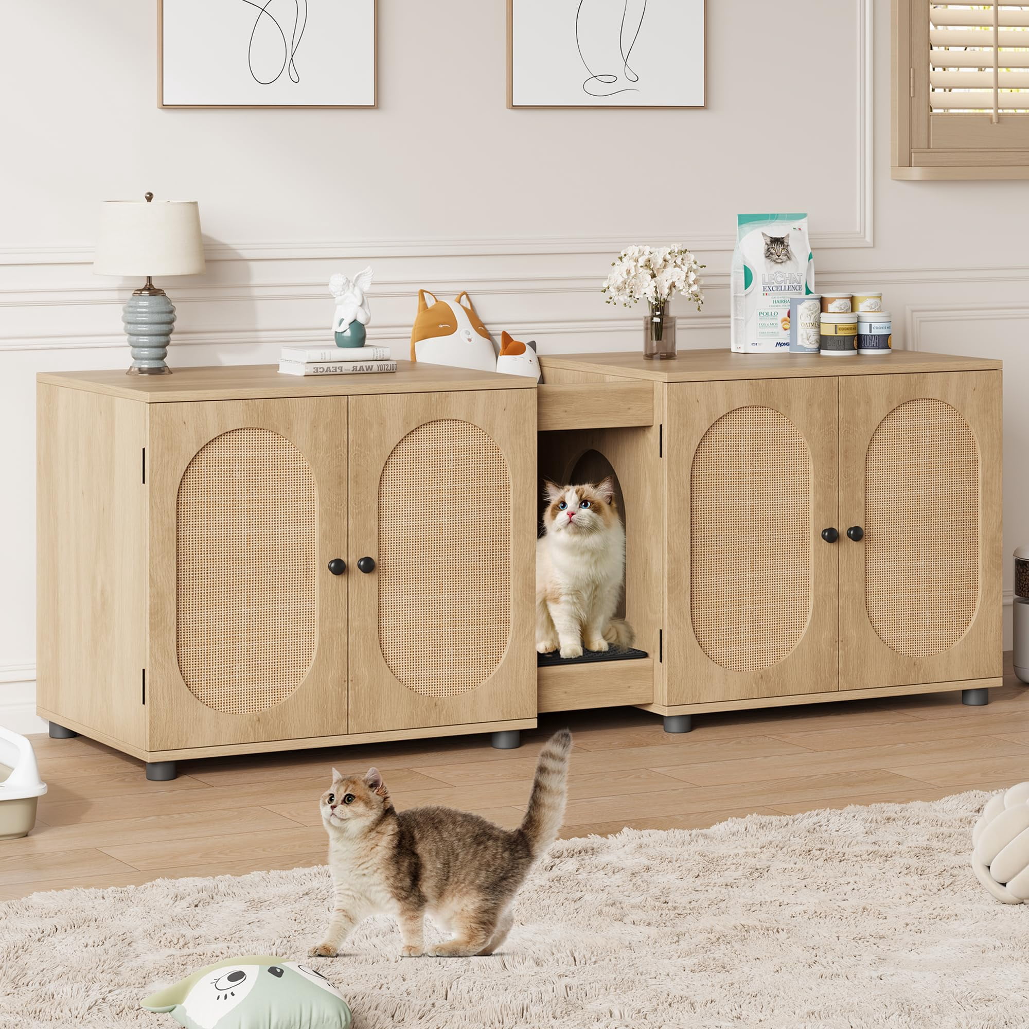 Danolapsi Cat Litter Box Enclosure 55.1" Double Litter Box Furniture Large Cat Box Enclosure Kitty Litter Box for 2 Cats Hidden Cat Litter Cabinet Double Cage with Cat Litter Pad