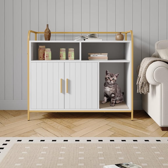 Danolapsi Cat Litter Box Enclosure, Hidden Litter Box Furniture with 2 Open Compartments, Scratching Mat, Double-Door Storage Cabinet, Front Entry, Air Vents, Metal Frame, Indoor Cat Washroom House