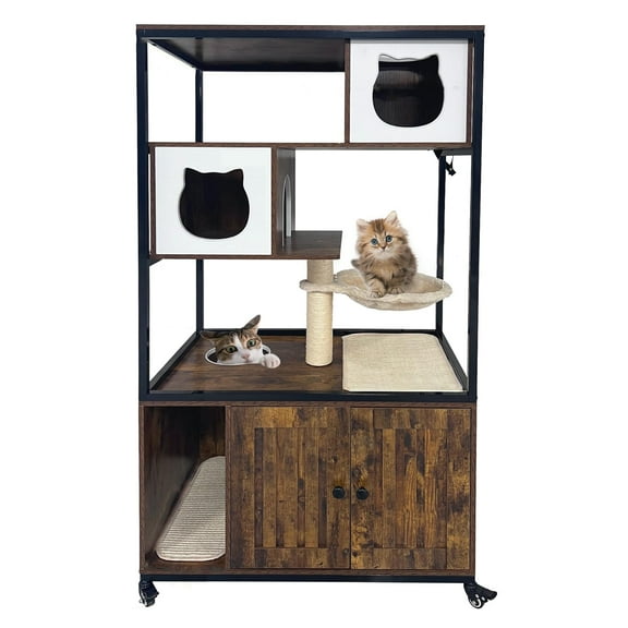 Danolapsi Cat Tower with Litter Box Enclosure, Wooden Cat House On Wheels with Multiple Platforms, Condo, Hammock, Scratching Mat, Hidden Cat Washroom Furniture