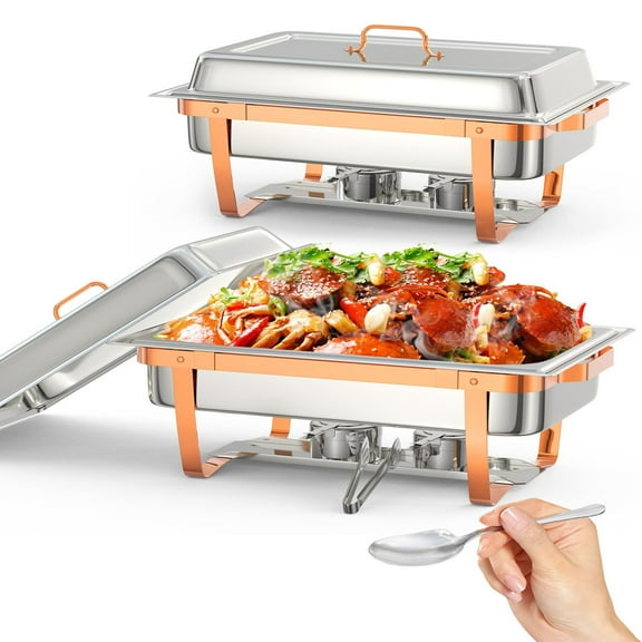 Danolapsi Chafing Dish Buffet Set 2 Pack,8 QT Stainless Steel Chafers and Buffet Warmers Sets With Folding Frame,Spoon & Tweezer for Weddings,Parties, Banquets,and Catering,Rose Gold