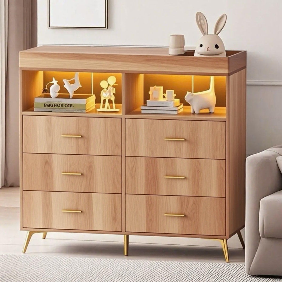 Danolapsi Changing Table Dresser with Drawers,Baby Dresser with Changing Table Top,Power Outlet,LED Light & Metal Feet,Diaper Changing Station Nursery Organizer for Infants Newborn（ship in 2 boxes）