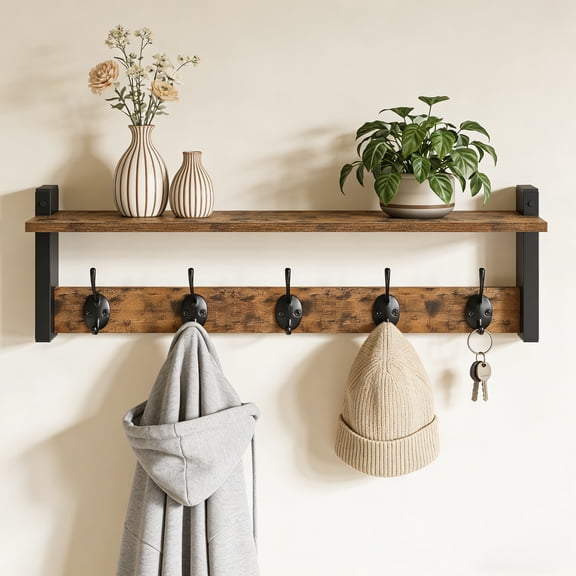 Danolapsi Coat Rack with Wall Mount,17 Inch Long Entryway Wall Shelf with Hooks,Entryway Wall Shelf with Storage, Iron & Wood Hanger with Storage Shelf for Bathroom, Hallway