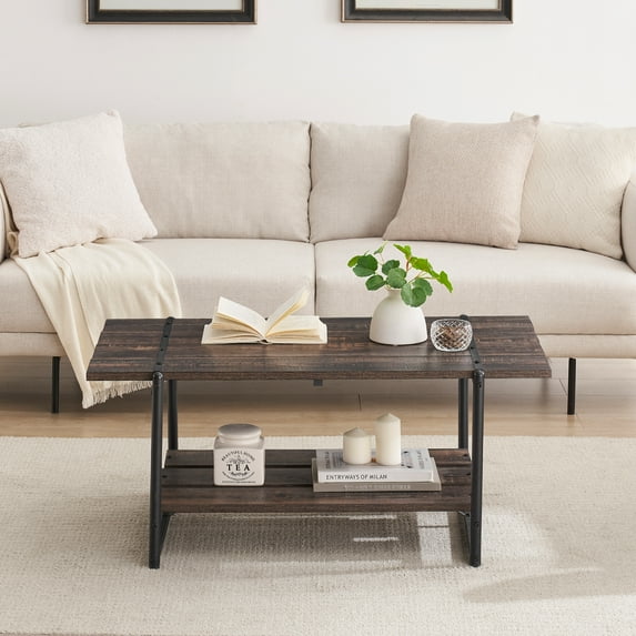 Danolapsi Coffee Table for Living Room,2-Tier Farmhouse 41'' Large Wood Coffee Table with Storage Shelf - Rustic Metal Rectangle Center Living Room Coffee Table Accent Furniture for Home Office
