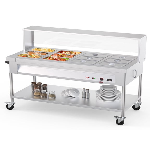 Danolapsi Commercial Food Warmer, 1500W Electric Steam Table with Acrylic Guard, 12-Pan Stainless Steel Steam Table Food Warmer with Temperature Control and Lid for Buffets, Restaurants, 110V