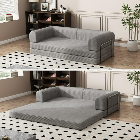 Danolapsi Convertible Corduroy Sleeper Sofa Bed,Folding Mattress Couch with Fixed-Shape Frame, 3 Seater Fold Out King Size Futon,No Assembly Floor Couch for Living Room Dorm Studio